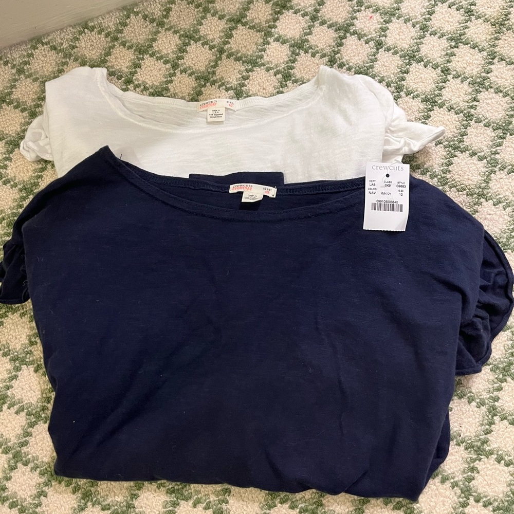 Kids- 2 long sleeve ruffle CREWCUTS girls shirt- one navy and one white, sz 12
